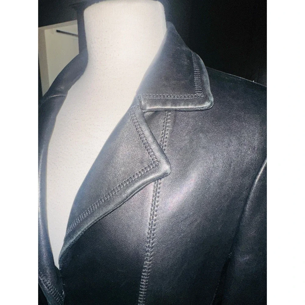 Avanti New York Black Leather Blazer Jacket Whipstitch 3 Button Womens M A6